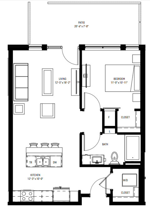 Floor plan for 1 bed, 1 bath, 730 sqft